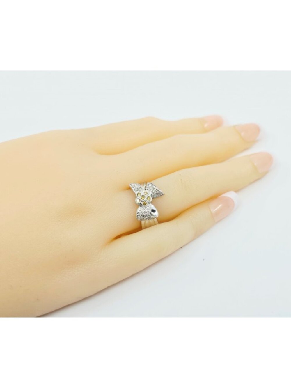 Beautiful 18K Karat Solid White Gold Yellow & White Diamond Bow Ring - Size 3.25 - Picture 10 of 16